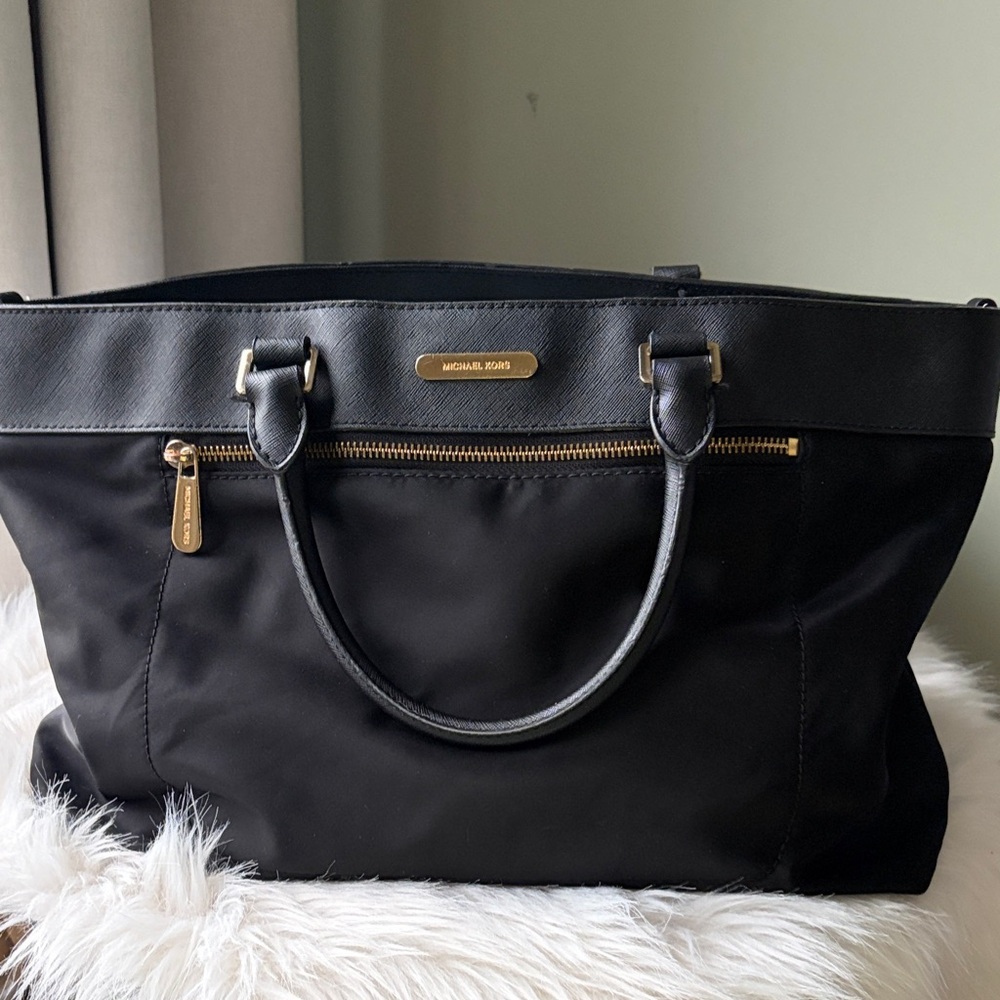 Michael Kors Black and Gold Large Nylon Tote